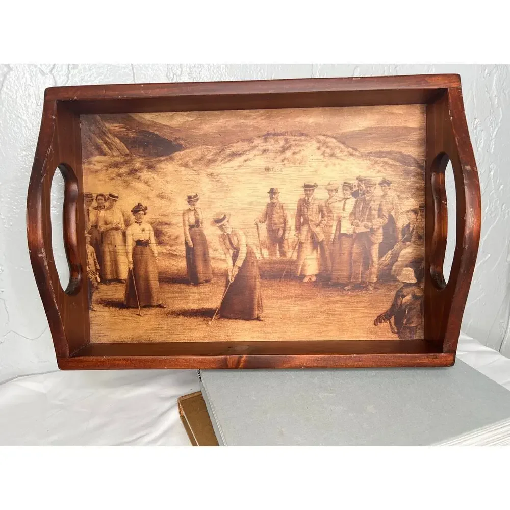 Vintage Wooden Tray Golf Scene Vintage Golf Playing Scene Rustic Traditional